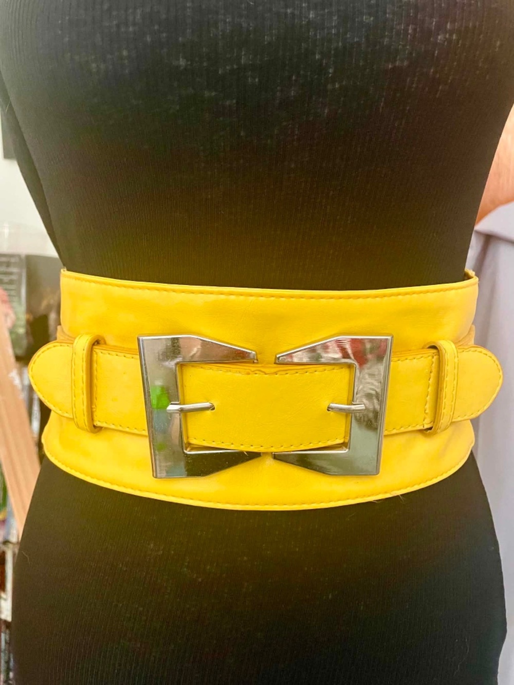 Yellow Wide Waist Oversized Chunky Belt Silver Geometric Buckle Statement Belt